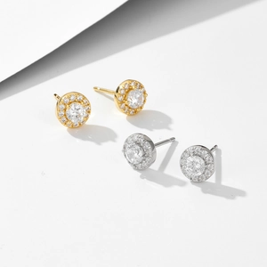 Classic round halo sterling silver stud earrings in gold and silver with zircon stones