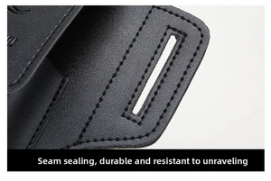 Detail of durable reinforced stitching and lychee grain leather on a men's phone holster