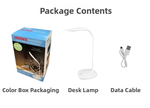 White LED eye-care desk lamp set with flexible neck, touch switch, and USB cable