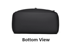 Detailed bottom view of black business backpack showing durable matte material and stitching
