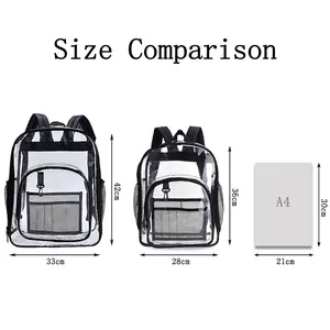 Clear waterproof PVC backpack size comparison showing large and small models next to A4 paper