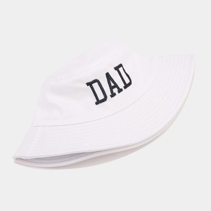 Detail of white cotton bucket hat with black DAD embroidery and reinforced brim stitching