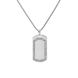 Close-up of silver military tag pendant with rhinestone border on a box chain
