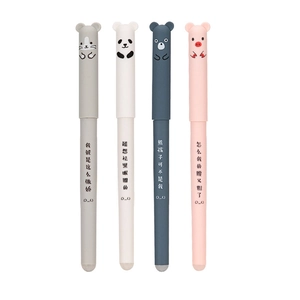 Set of four cartoon animal erasable pens in grey, white, blue, and pink colors