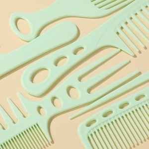 A 6-piece light green plastic hair comb set including various styles on a beige background