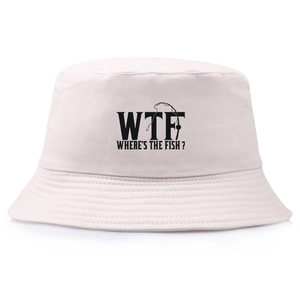 Beige bucket hat with 'Where's the fish' fishing print for outdoor sports activities