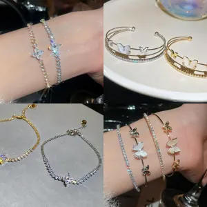Korean Butterfly Flower Bracelet Bangle Set Double Layer Copper White Shell Zirconia Elegant Women Jewelry Accessories