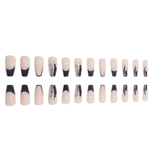 French medium ballerina press-on nails with black glitter and nude pink base, 24 piece set