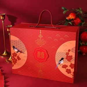 Detail of red wedding gift box with gold double happiness symbol and floral patterns
