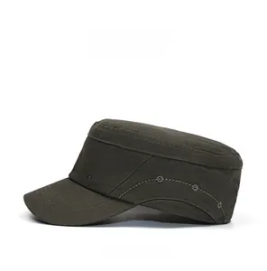 Detail view of olive green cotton flat top army cap with metallic W logo and stitching