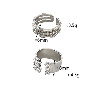 Detailed specs for triple-layered bone ring and wide open band with zircon insets
