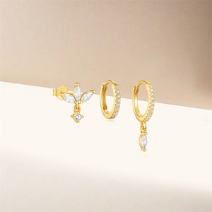 Set of gold S925 silver hoop earrings with marquise zirconia and petal studs