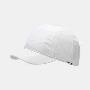 Detail of white short-brim baseball cap showing breathable honeycomb texture fabric