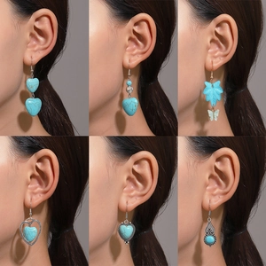 Bohemian style turquoise heart and leaf drop earrings with vintage silver finish for women