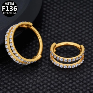 ASTM F136 titanium golden double-row zircon hoop earrings for piercing and nose rings