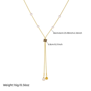 Elegant gold-plated stainless steel Y-shaped necklace with white pearls and chain tassels