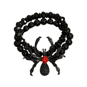 Gothic black beaded bracelet with a metal spider charm and a striking red gemstone