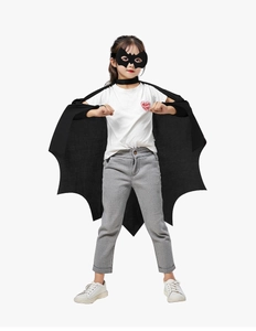 Kids black bat cape and mask set detail view for Halloween party cosplay outfits