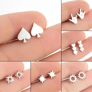 Minimalist Stainless Steel Stud Earrings Heart Spade Hand Gesture Sun Star Shapes Fashion Jewelry For Women