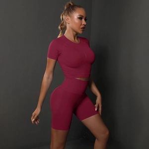 Ensemble de yoga sans couture bordeaux pour femme avec haut court et short de sport