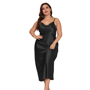 Elegant plus size black satin maxi slip dress with a stylish cowl neck for women