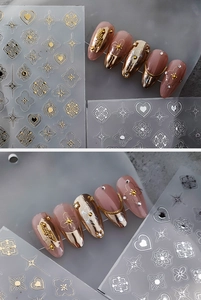 Detail of 3D embossed heart and star nail decals in gold and silver finish