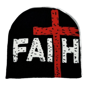 Knitted black FAITH beanie featuring a bold red cross pattern for a street style look