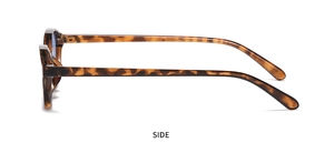 Side view of tortoise shell oval sunglasses frame with smooth acetate texture and side logo