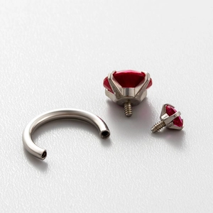 Silver titanium steel circular barbell piercing with faceted red zircon screw ends