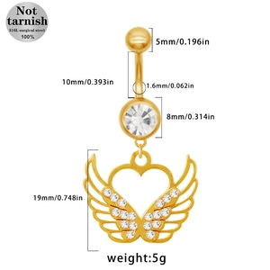 Dimensions détaillées du piercing de nombril aile de cœur en acier 316L avec cristaux