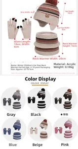 Size chart for kids winter knit hat, gloves, and scarf set with detailed dimensions