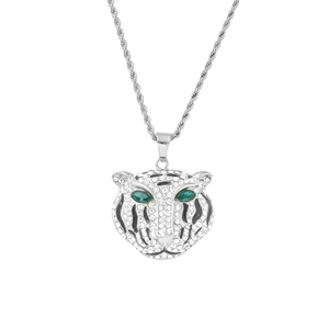 Hip hop silver lion head pendant with green crystal eyes on twisted chain necklace