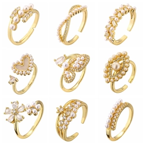 Bague Ajustable Ouverte Élégante En Cuivre Künstliche Perle Zircon Micro Sertie Bijoux Mode Femmes