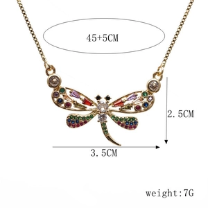 Detail of dragonfly pendant necklace with multicolored zircon and dimensions info