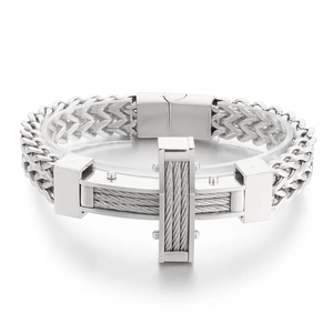 Hip hop street style silver cross bracelet with woven stainless steel chain for men