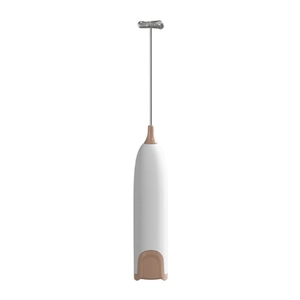 Electric handheld milk frother for coffee with white body and khaki accents on white background