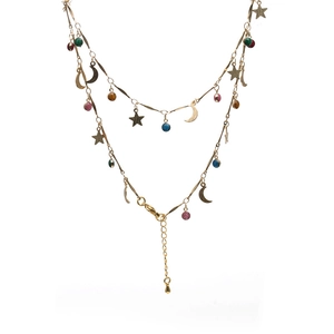 Double-layer gold celestial necklace with colorful beads and star moon charms on white background