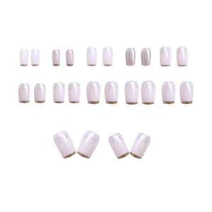 Pink gradient glitter press-on nails with silver sparkle and gold accent line, 24 pieces
