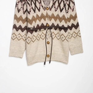 Women's boho knit cardigan with sequins, geometric jacquard patterns and waist belt