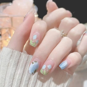 Short Square Press On Nails Blue Pink Tulip Flower Hand Painted Style Gold Foil Marble Pattern False Nails