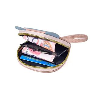 Pink and blue PU leather mini accordion card holder with zipper and hand strap
