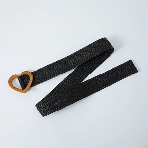 Woven elastic waist belt in black with brown heart-shaped buckle for dresses