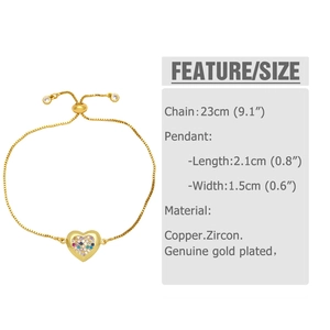 Detailed size chart for gold heart pendant bracelet with dimensions and zircons