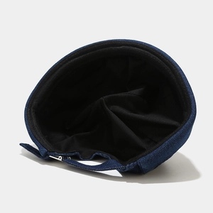 Deep blue denim docker hat with silver metal buckle and adjustable back strap