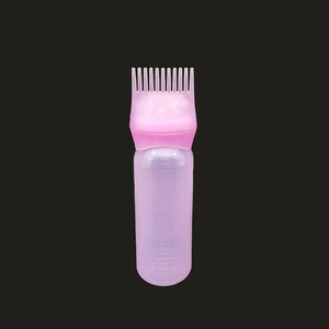 Detail showing capacity scale markers on pink applicator bottle for hair dye