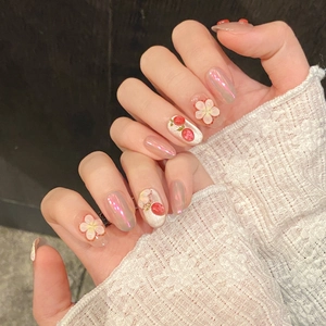 Handmade strawberry and 3D flower short press-on nails with pearl pink gradient