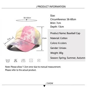 Tie-dye cotton baseball cap with adjustable strap, including detailed size chart and specifications