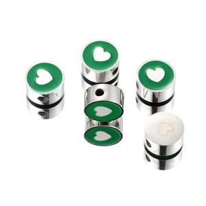 Polished stainless steel heart beads with green and white enamel for DIY jewelry making