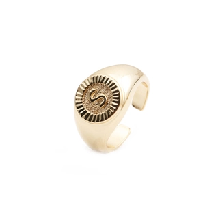 Detailed close-up of a gold-plated letter S signet ring with adjustable band design
