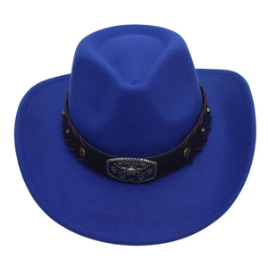 Detail of blue western cowboy hat featuring a brown leather band and silver bull head emblem